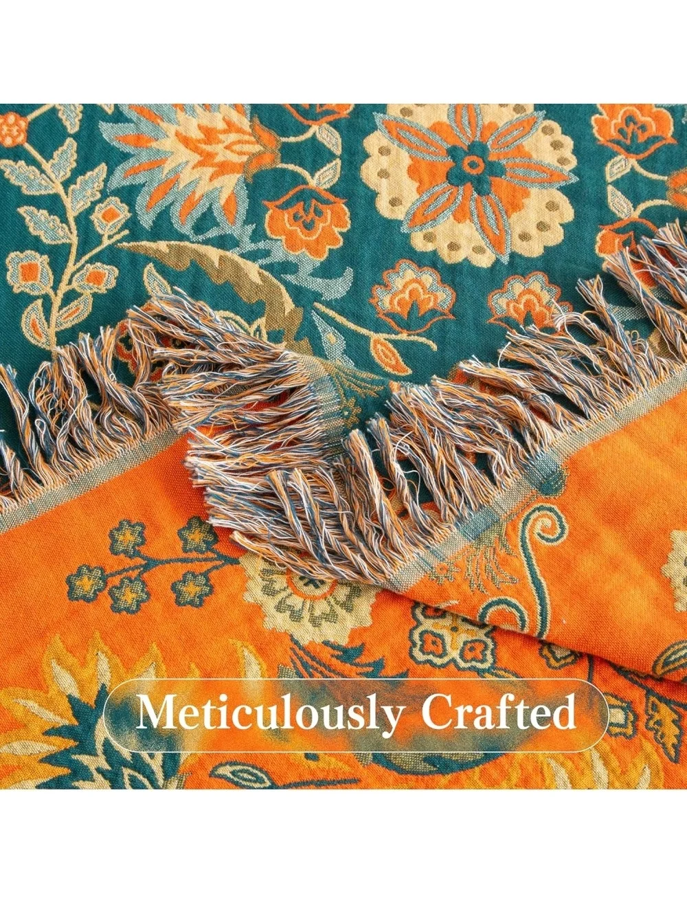 Reversible Floral Fringe Throw Blanket - Orange & Teal 60x80